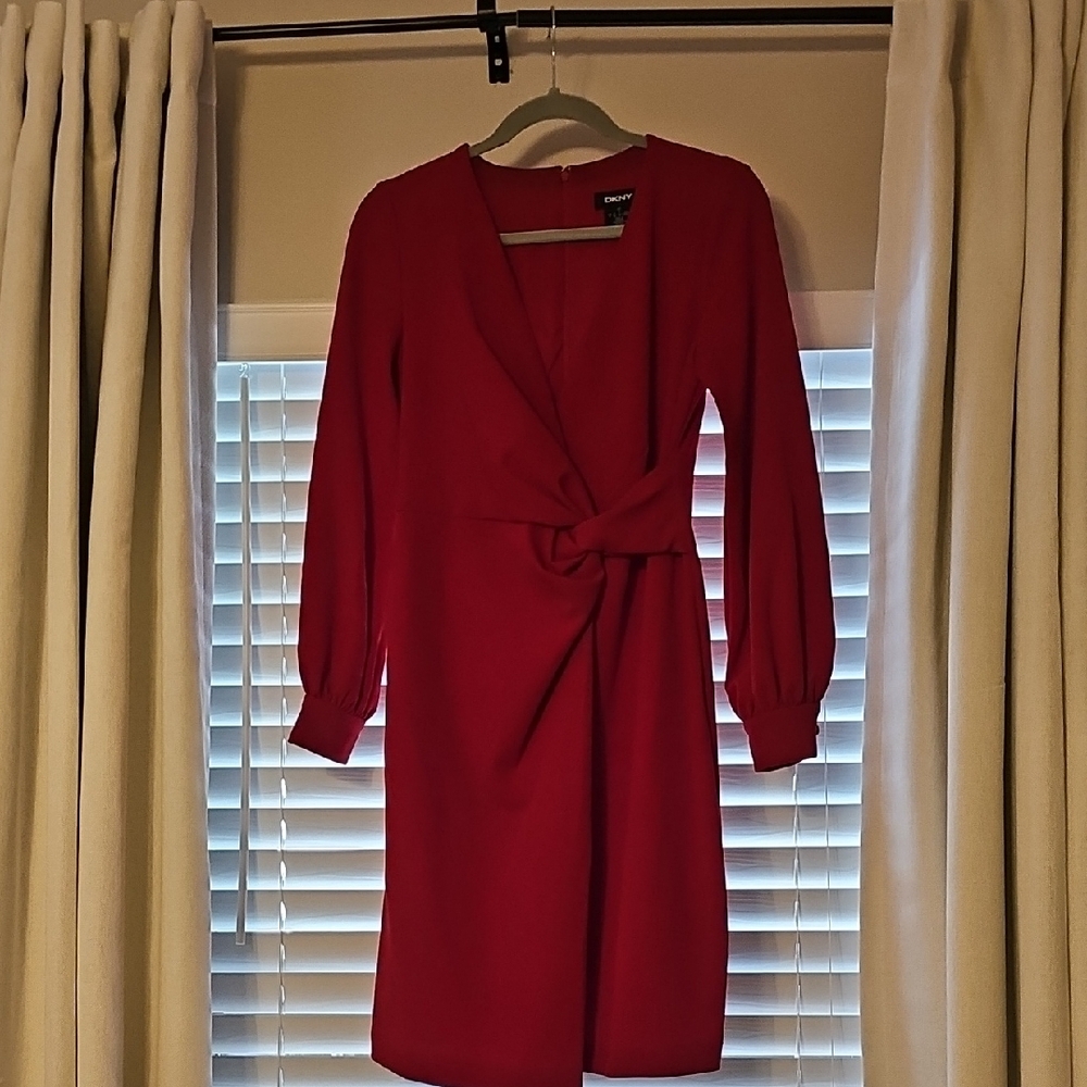 Dkny Red Wrap Sheath Dress with V-Neck